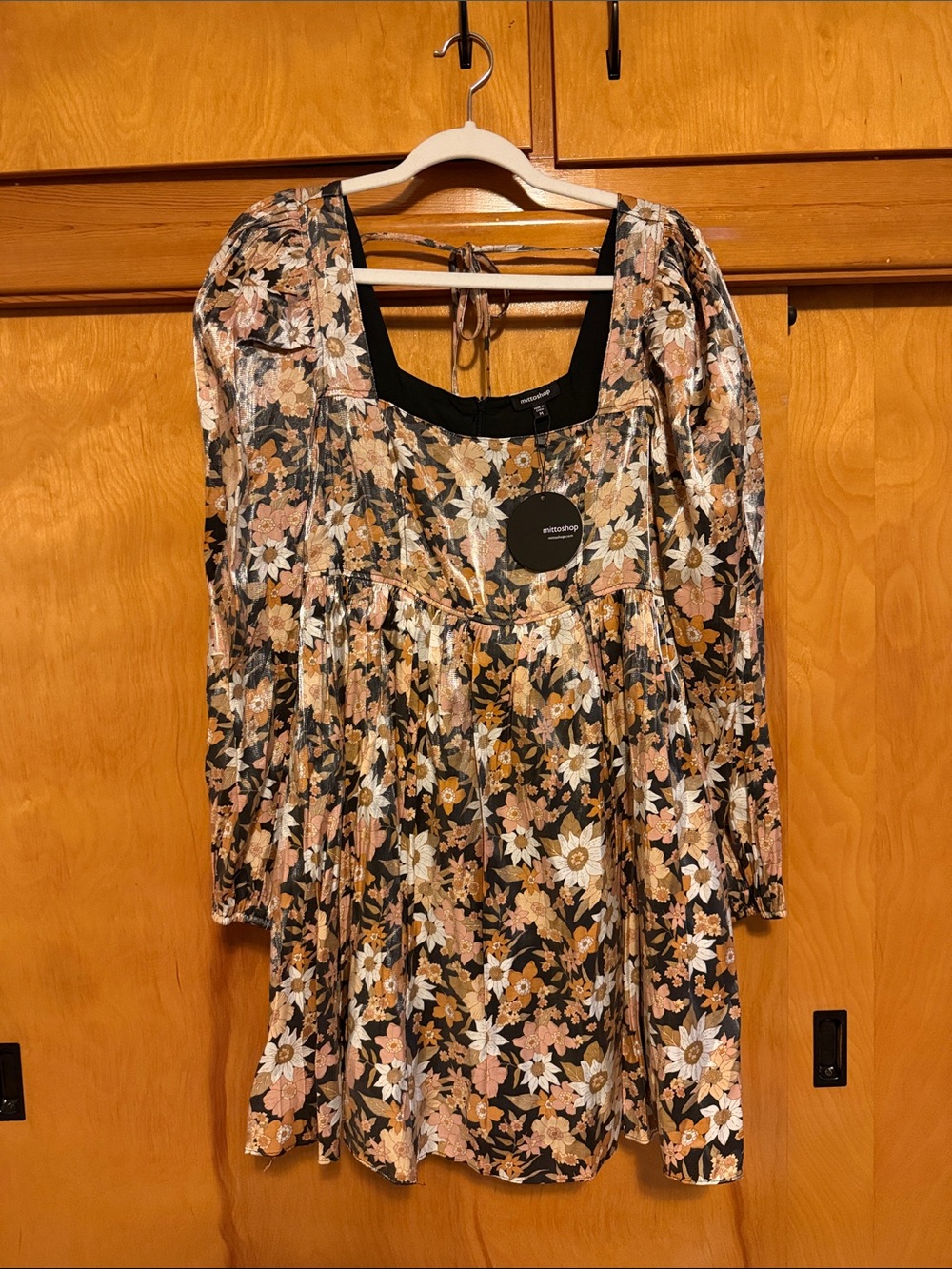 mittoshop Black Floral Long Sleeve Empire Dress with Tan & Cream Blooms